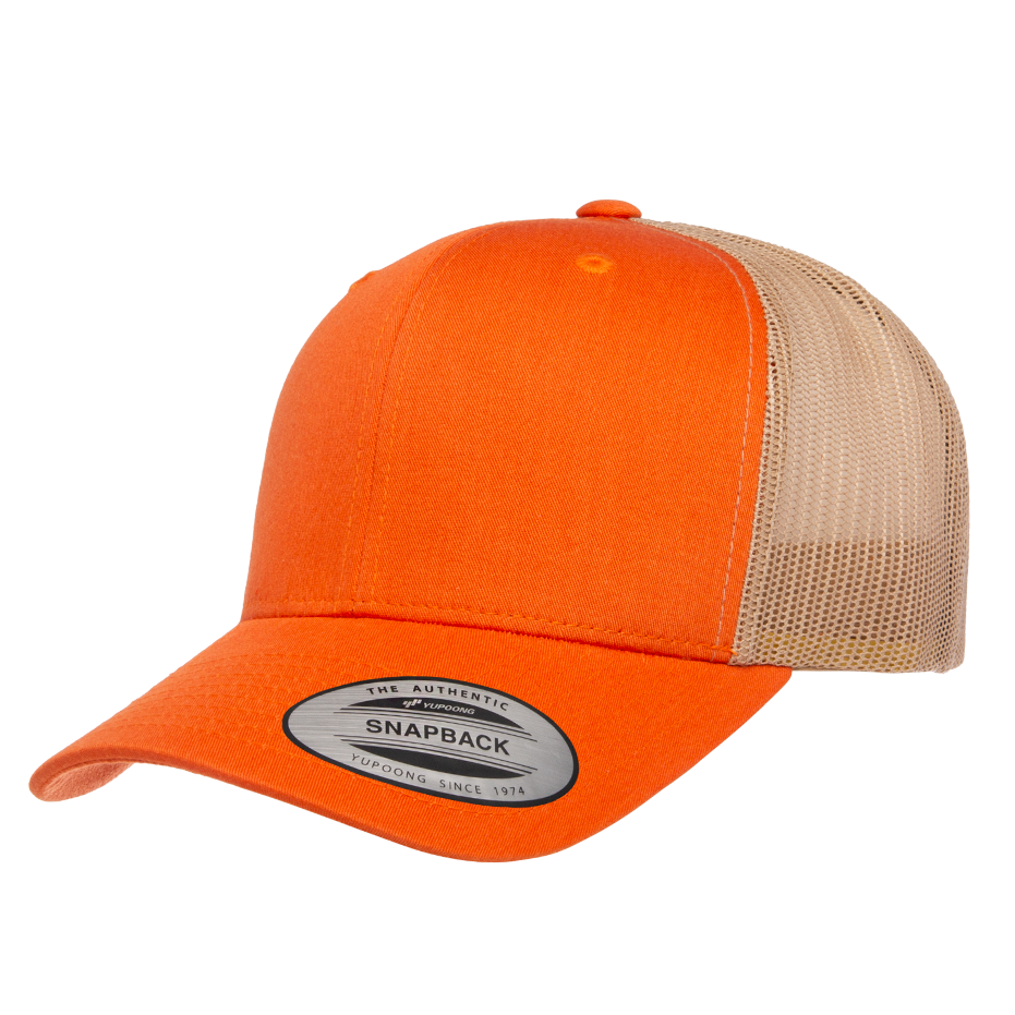 Casquette Trucker modèle rétro orange et beige, 6 panneaux, logo Kota Blue  brodée en blanc