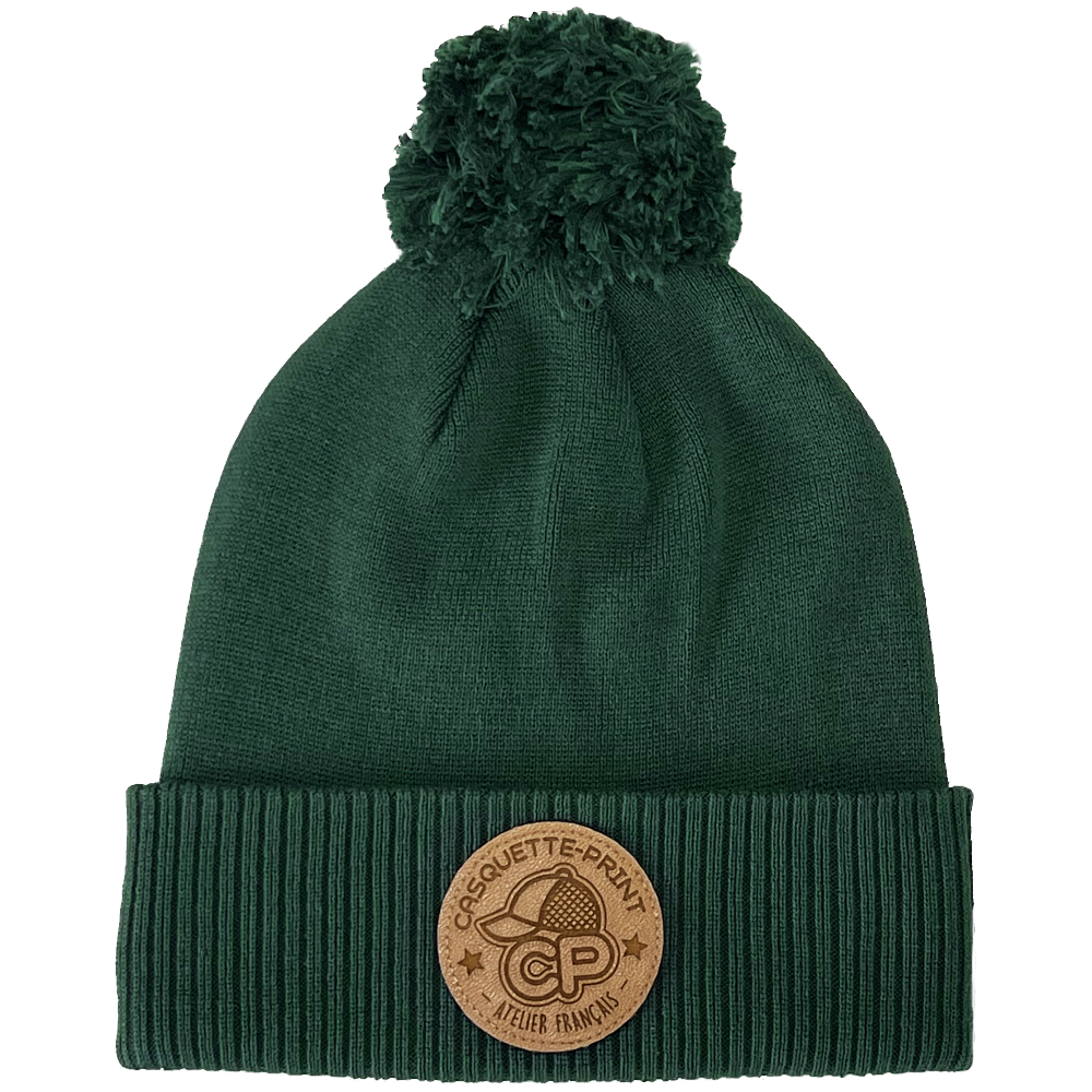 Bonnet-pompon-coton-bio-B450N-personnalisé-patch-cuir