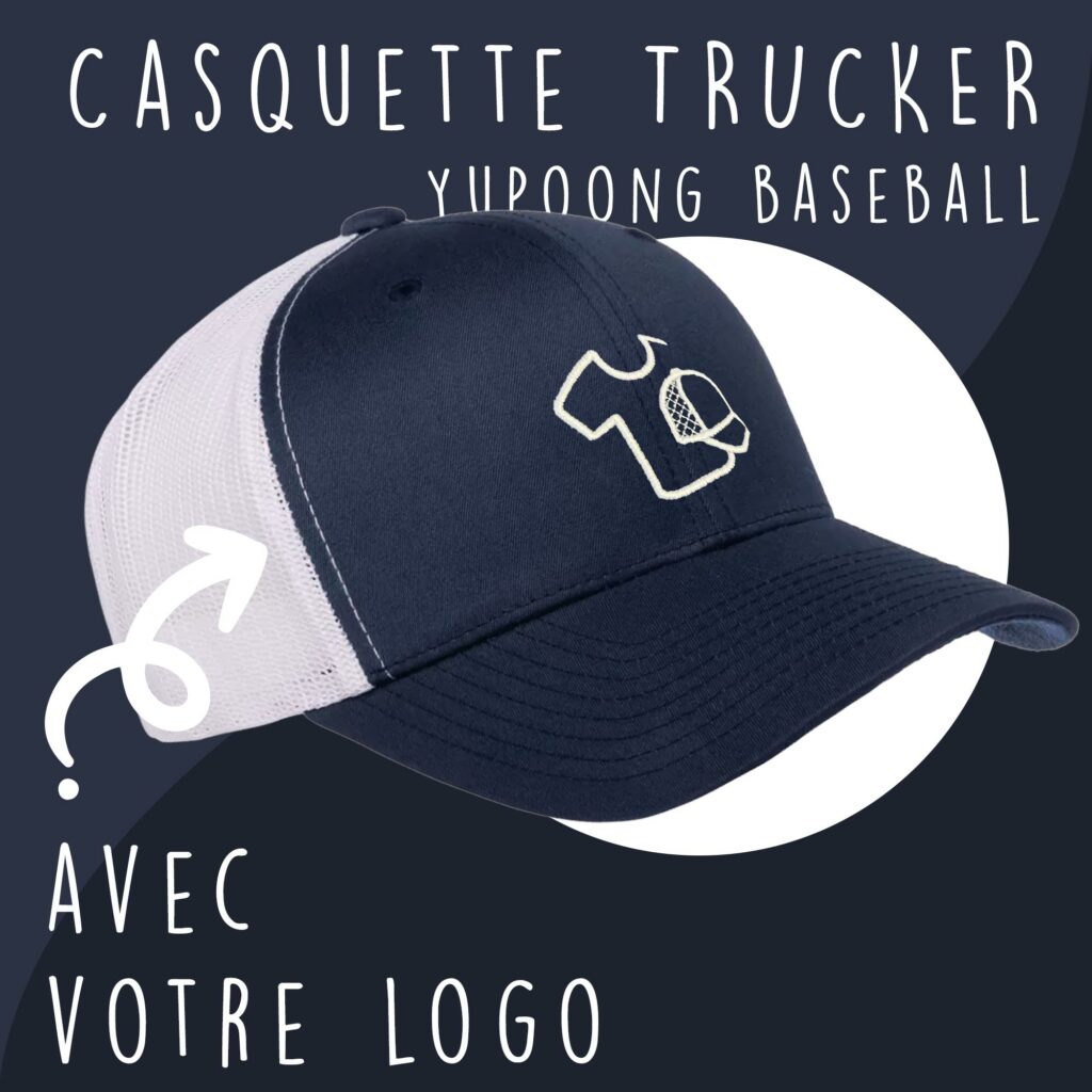 Casquette Trucker Yupoong Baseball personnalisable avec visière incurvée, panneau avant blanc et filet arrière bleu marine.