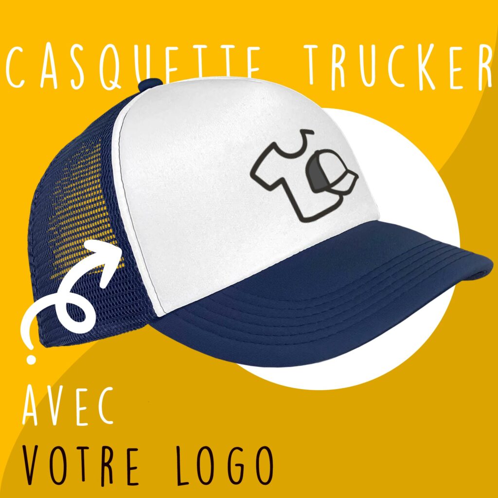 Casquette Trucker Classic personnalisable, visière et filet bleu foncé, panneau avant blanc.
