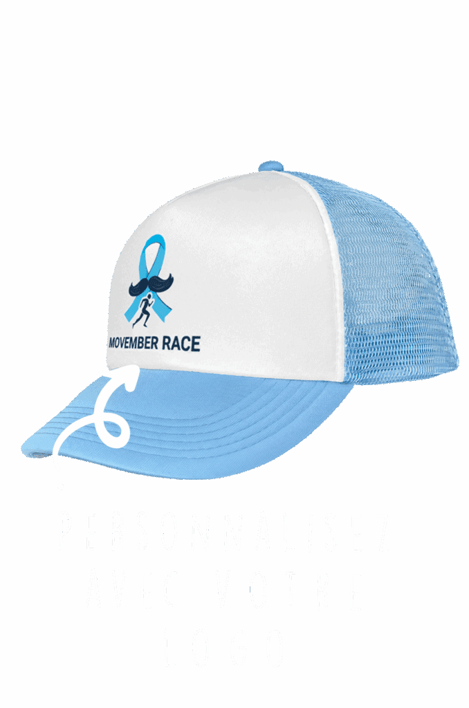 Casquette bleue personnalisée avec le ruban et la moustache de Novembre Bleu, symbole de la sensibilisation au cancer de la prostate et à la santé masculine. Le visuel met en avant la possibilité d’ajouter un logo personnalisé par impression