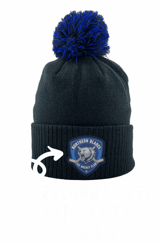 Bonnet hockey bleu marine personnalisable avec écusson brodé et pompon bleu