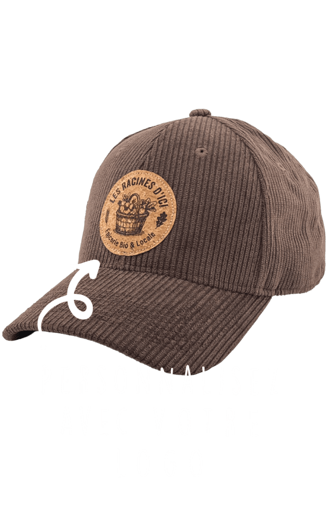 Casquette en velours côtelé marron avec patch brodé, style naturel pour boutique bio