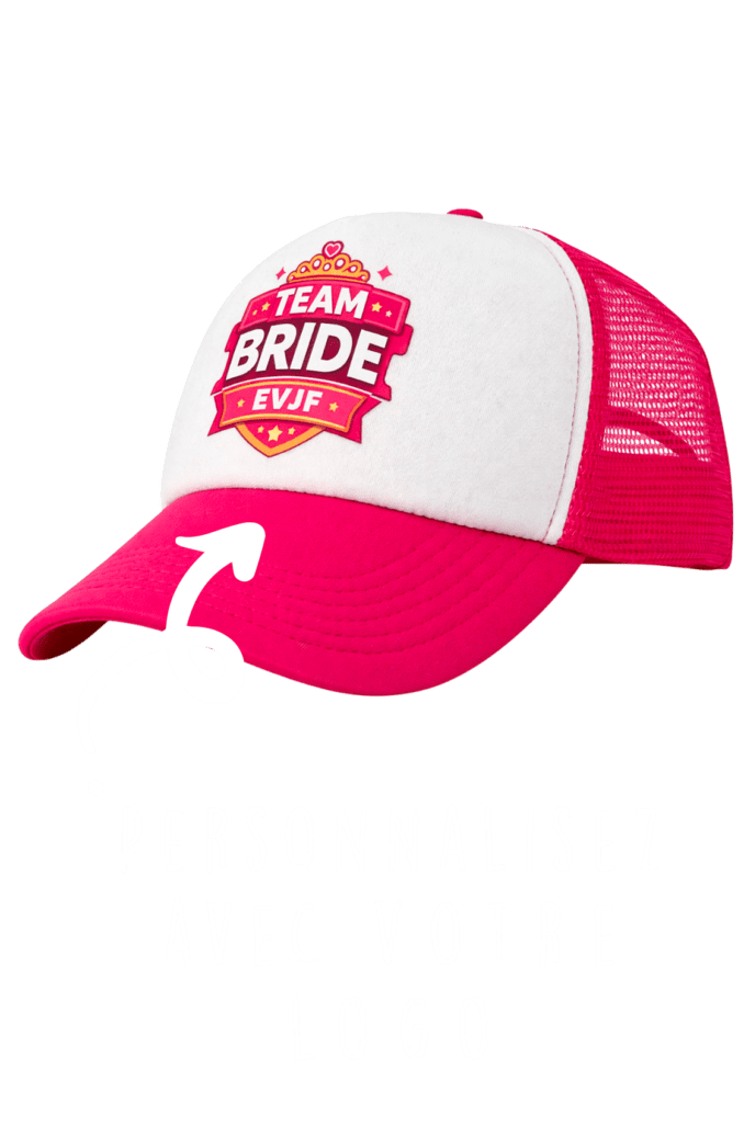 Casquette trucker rose et blanche personnalisée Team Bride EVJF avec visière courbée et filet respirant