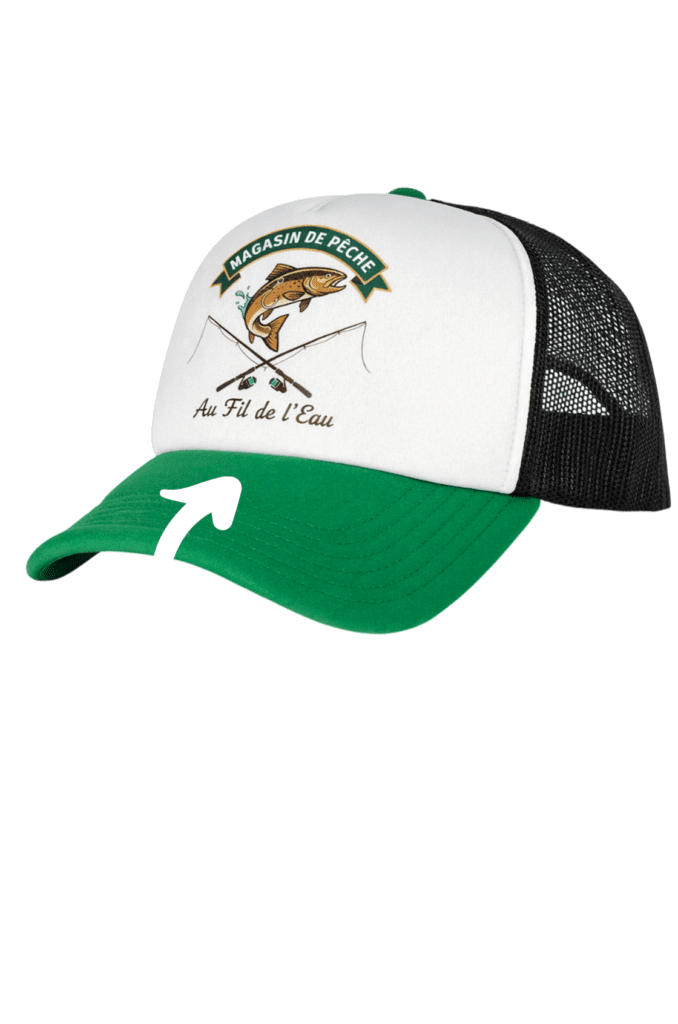 Casquette trucker verte et blanche personnalisée avec logo magasin de pêche, filet noir et visière courbée