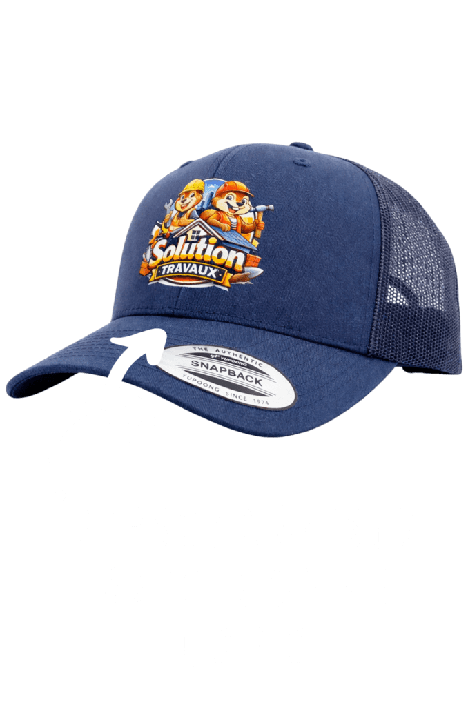Casquette trucker Yupoong bleue personnalisée avec logo entreprise travaux, filet respirant et fermeture snapback
