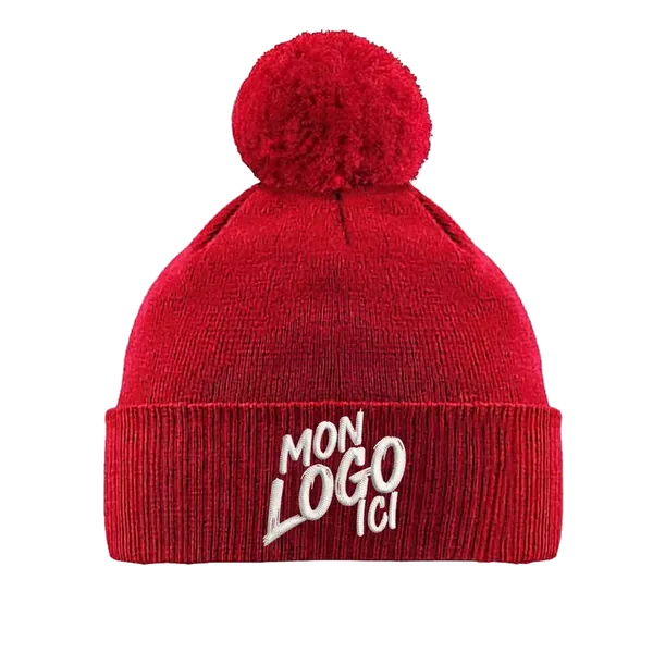 Bonnet à pompon en coton bio rouge personnalisé avec un logo brodé