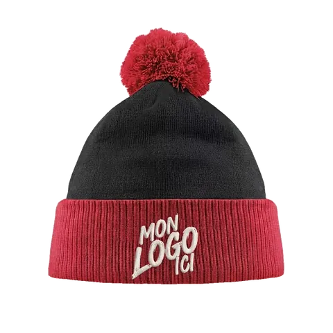 Bonnet Pompon Snowstar noir et rouge personnalisé avec un logo brodé