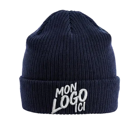 Bonnet à revers en coton bio bleu marine personnalisé avec un logo brodé