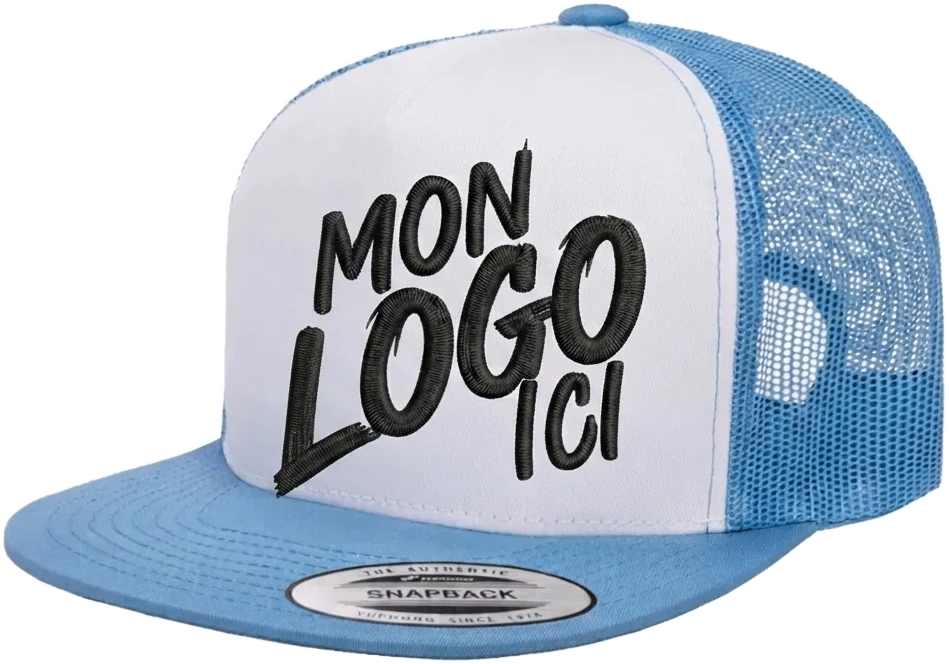 Casquette trucker Yupoong front tissu bleu et blanc personnalisée avec un logo brodé